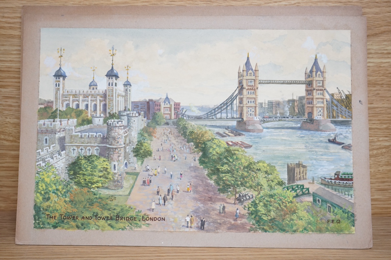 Frank Ernest Quinton (20th. C), a set of five original watercolours for postcard designs, London scenes comprising; ‘Houses of Parliament’, ‘Trafalgar Square’, ‘Westminster Abbey’, ‘Tower of London’ and ‘Horseguards, Whi